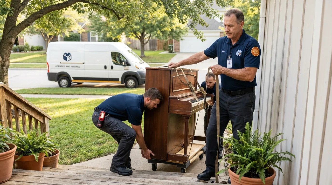 Licensed piano movers securing grand piano in Herculaneum, MO