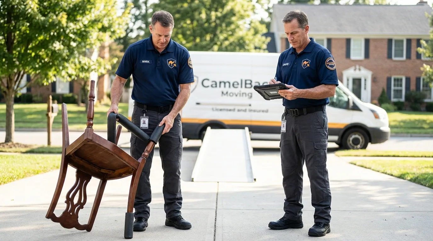Movers inspecting furniture for damage prevention before loading in Herculaneum, MO